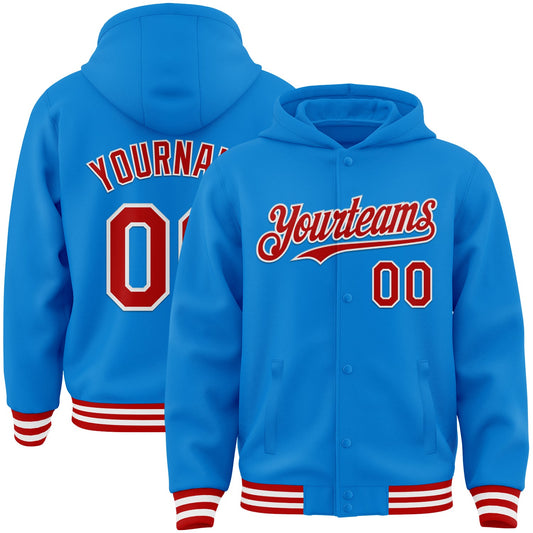 Custom Powder Blue Red-White Bomber Full-Snap Varsity Letterman Hoodie Jacket - Main View