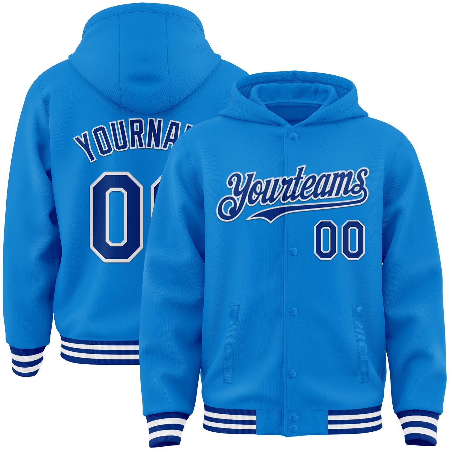 Custom Powder Blue Royal-White Bomber Full-Snap Varsity Letterman Hoodie Jacket - Main View