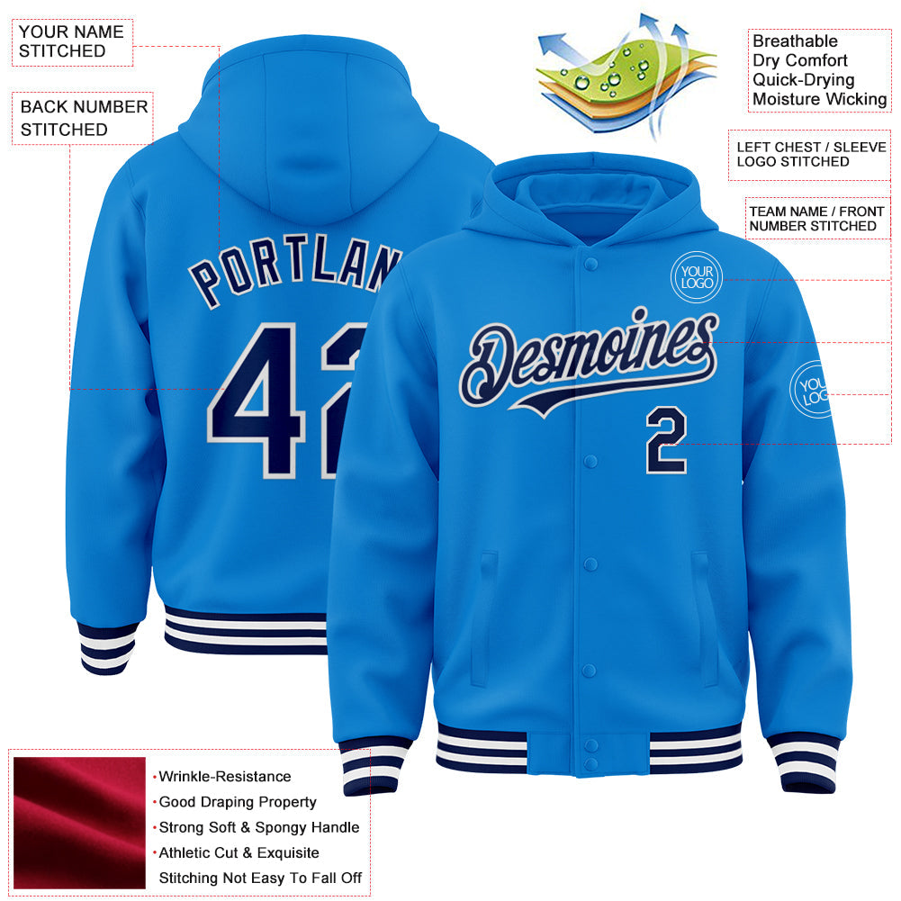 Custom Powder Blue Navy-White Bomber Full-Snap Varsity Letterman Hoodie Jacket view 3