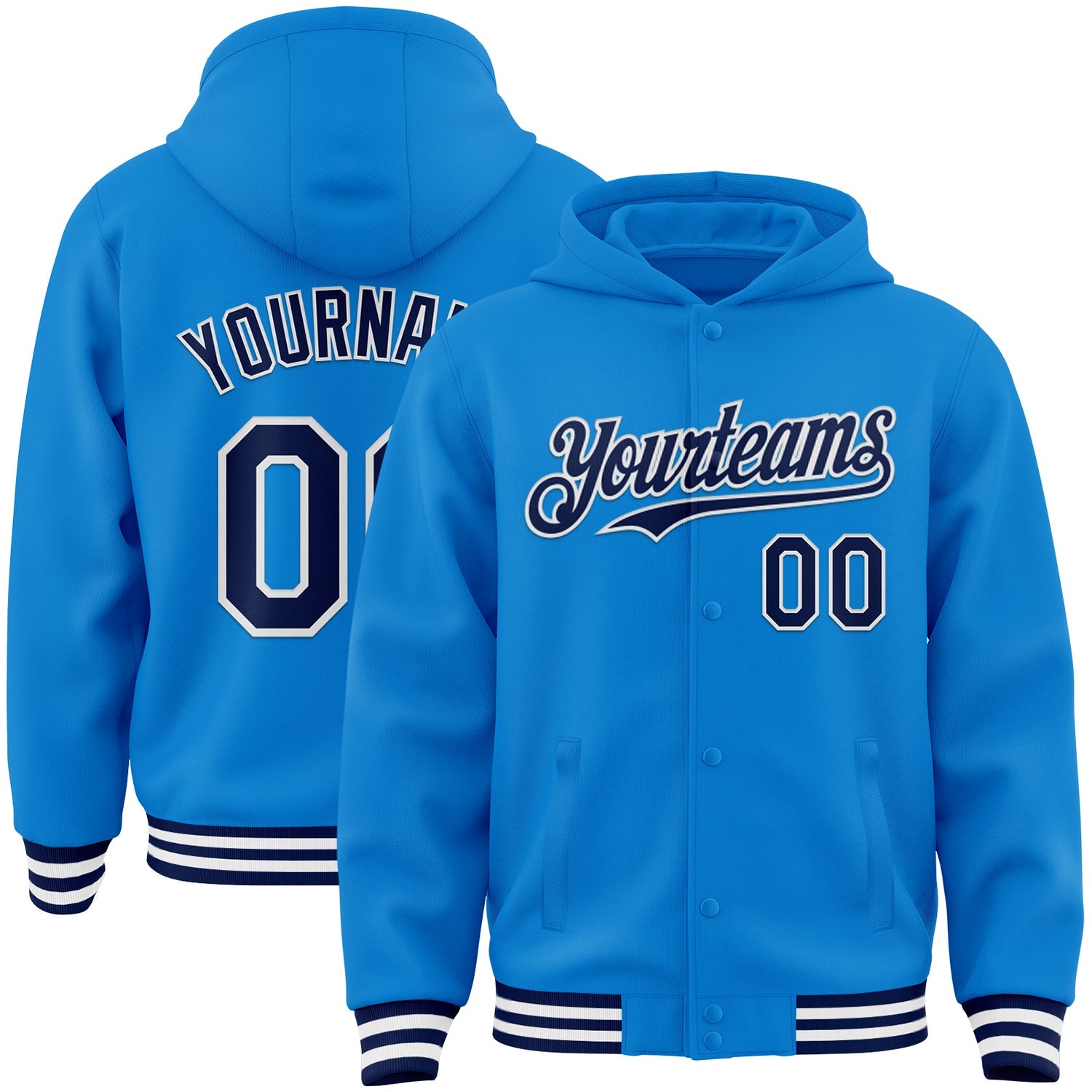 Custom Powder Blue Navy-White Bomber Full-Snap Varsity Letterman Hoodie Jacket - Main View
