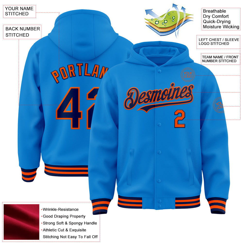 Custom Powder Blue Navy-Orange Bomber Full-Snap Varsity Letterman Hoodie Jacket view 3