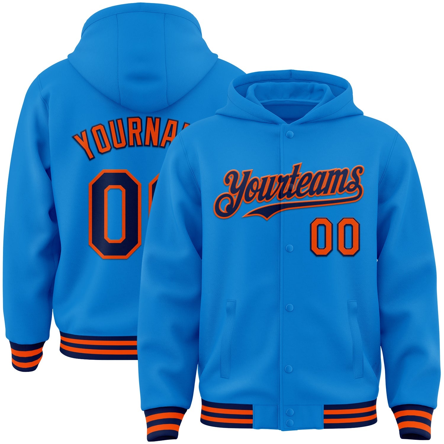 Custom Powder Blue Navy-Orange Bomber Full-Snap Varsity Letterman Hoodie Jacket - Main View