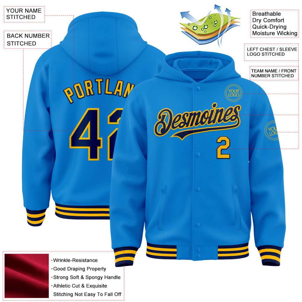 Custom Powder Blue Navy-Gold Bomber Full-Snap Varsity Letterman Hoodie Jacket view 3