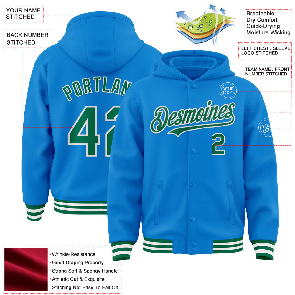 Custom Powder Blue Kelly Green-White Bomber Full-Snap Varsity Letterman Hoodie Jacket view 3