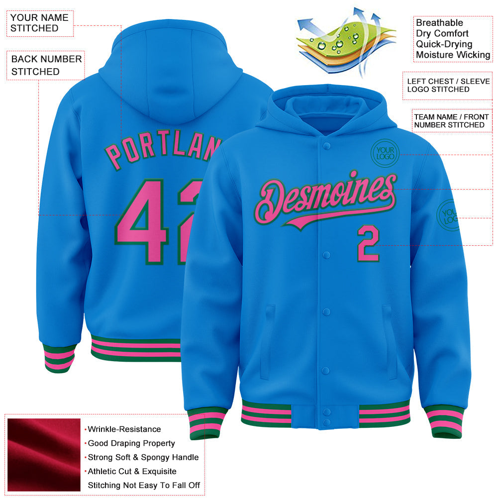 Custom Powder Blue Pink-Kelly Green Bomber Full-Snap Varsity Letterman Hoodie Jacket view 3