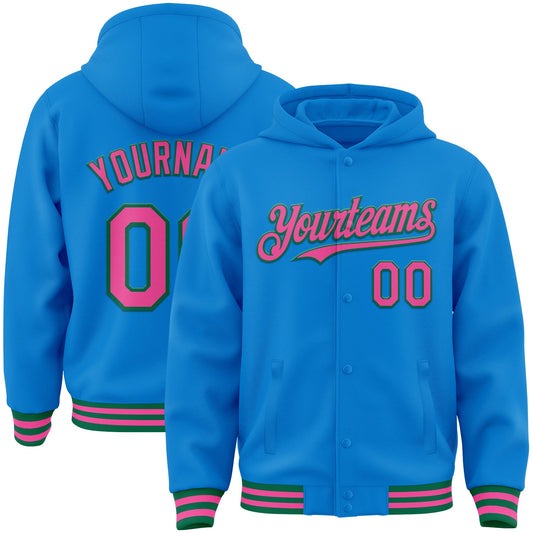 Custom Powder Blue Pink-Kelly Green Bomber Full-Snap Varsity Letterman Hoodie Jacket - Main View