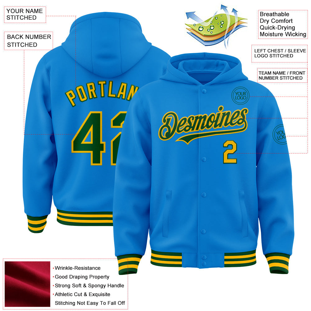 Custom Powder Blue Green-Gold Bomber Full-Snap Varsity Letterman Hoodie Jacket view 3