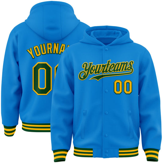 Custom Powder Blue Green-Gold Bomber Full-Snap Varsity Letterman Hoodie Jacket - Main View