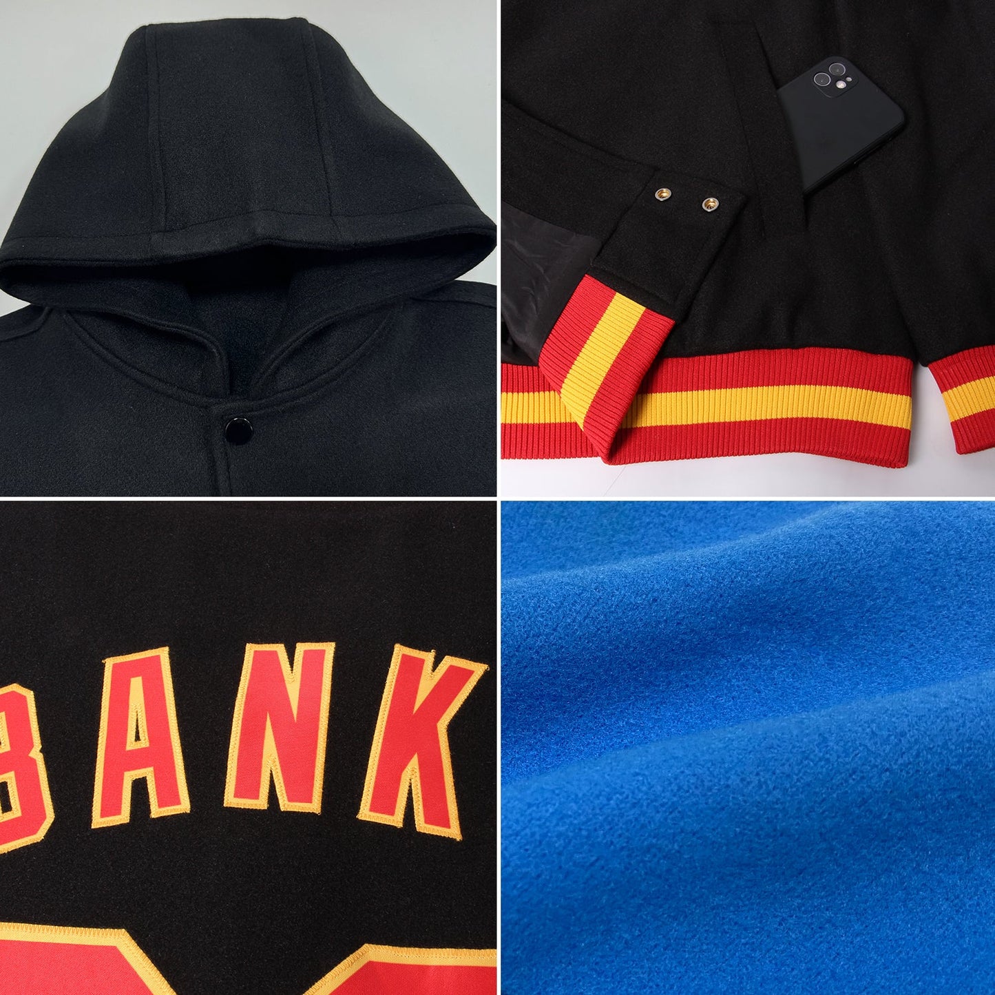 Custom Powder Blue Crimson-Gold Bomber Full-Snap Varsity Letterman Hoodie Jacket view 2