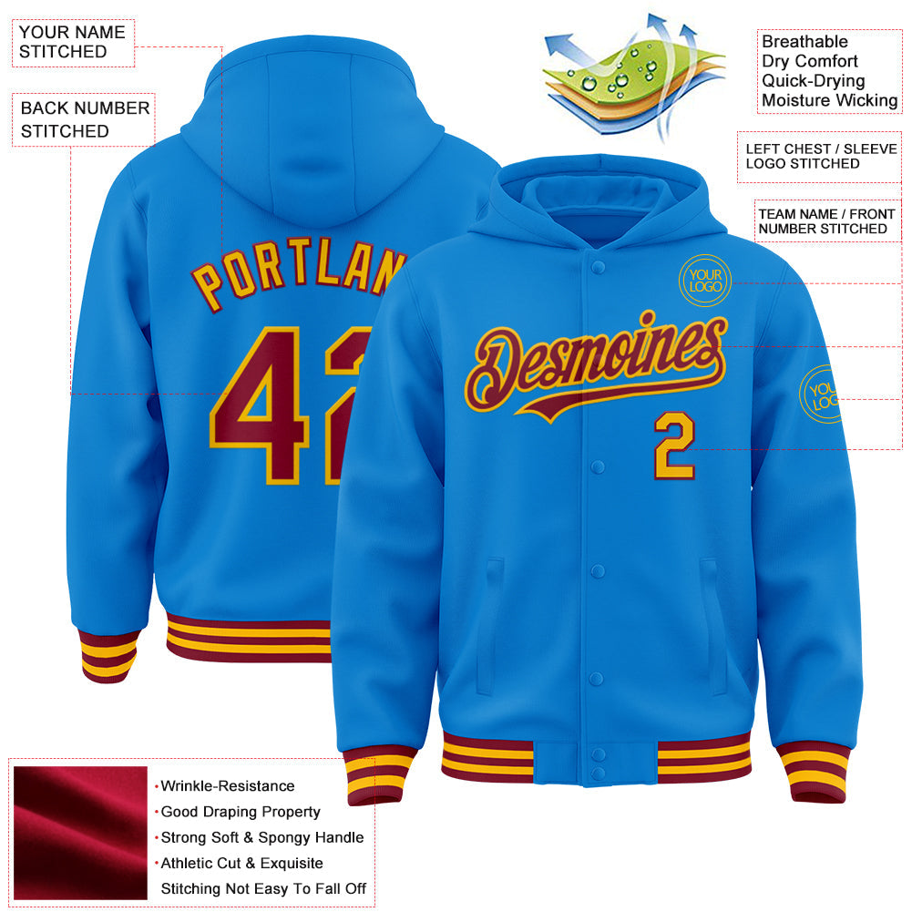 Custom Powder Blue Crimson-Gold Bomber Full-Snap Varsity Letterman Hoodie Jacket view 3