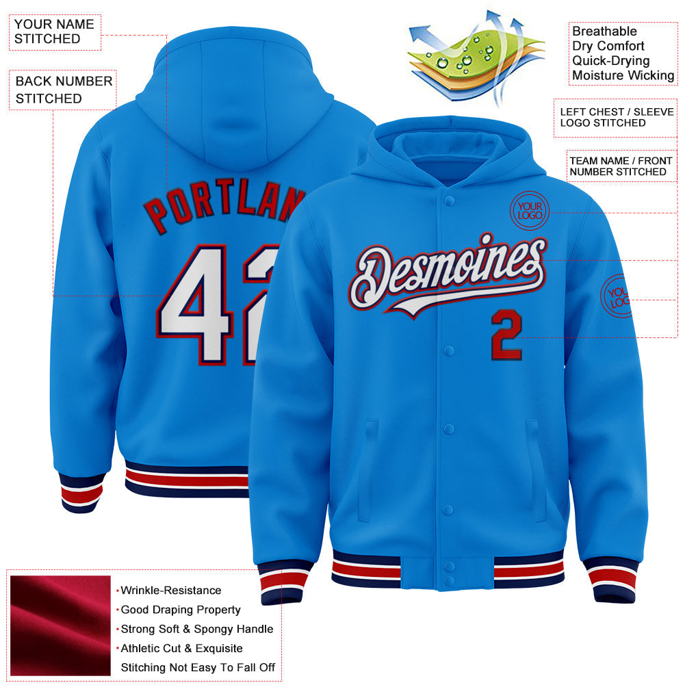 Custom Powder Blue Navy-Red Bomber Full-Snap Varsity Letterman Hoodie Jacket view 3