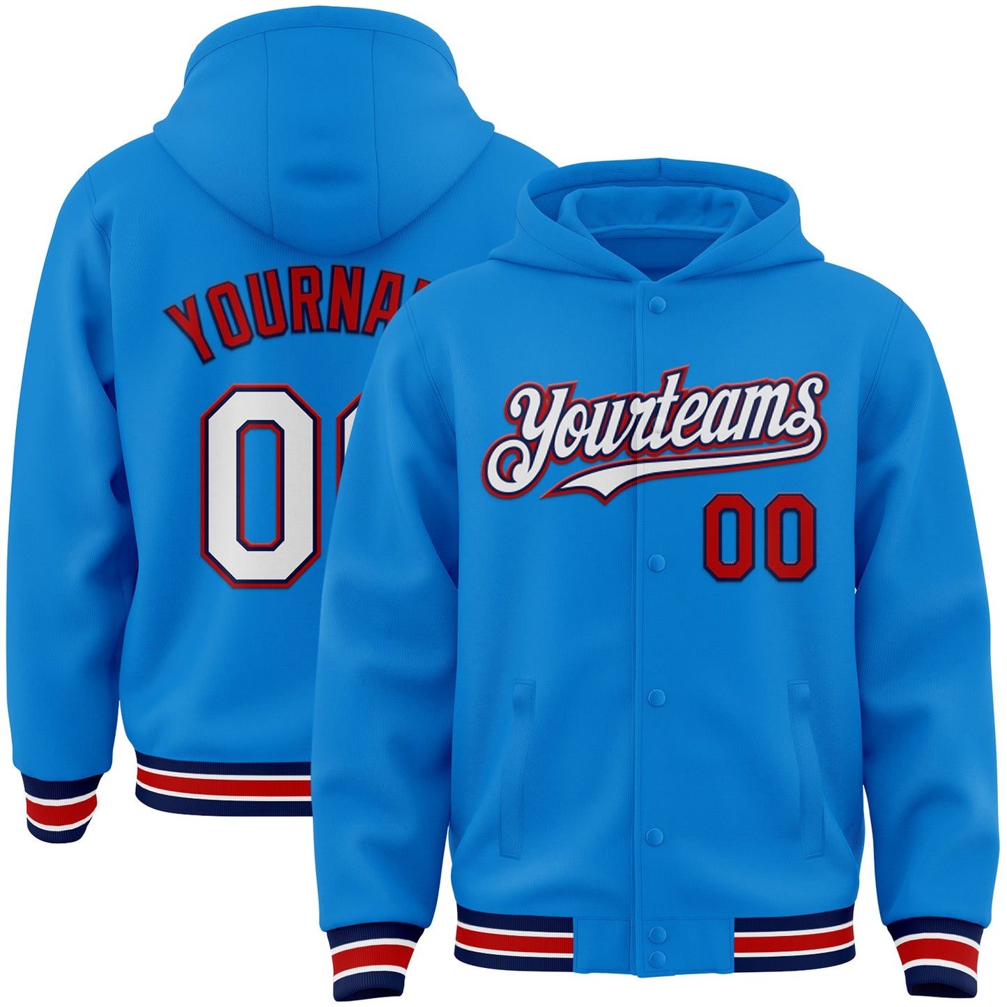Custom Powder Blue Navy-Red Bomber Full-Snap Varsity Letterman Hoodie Jacket - Main View