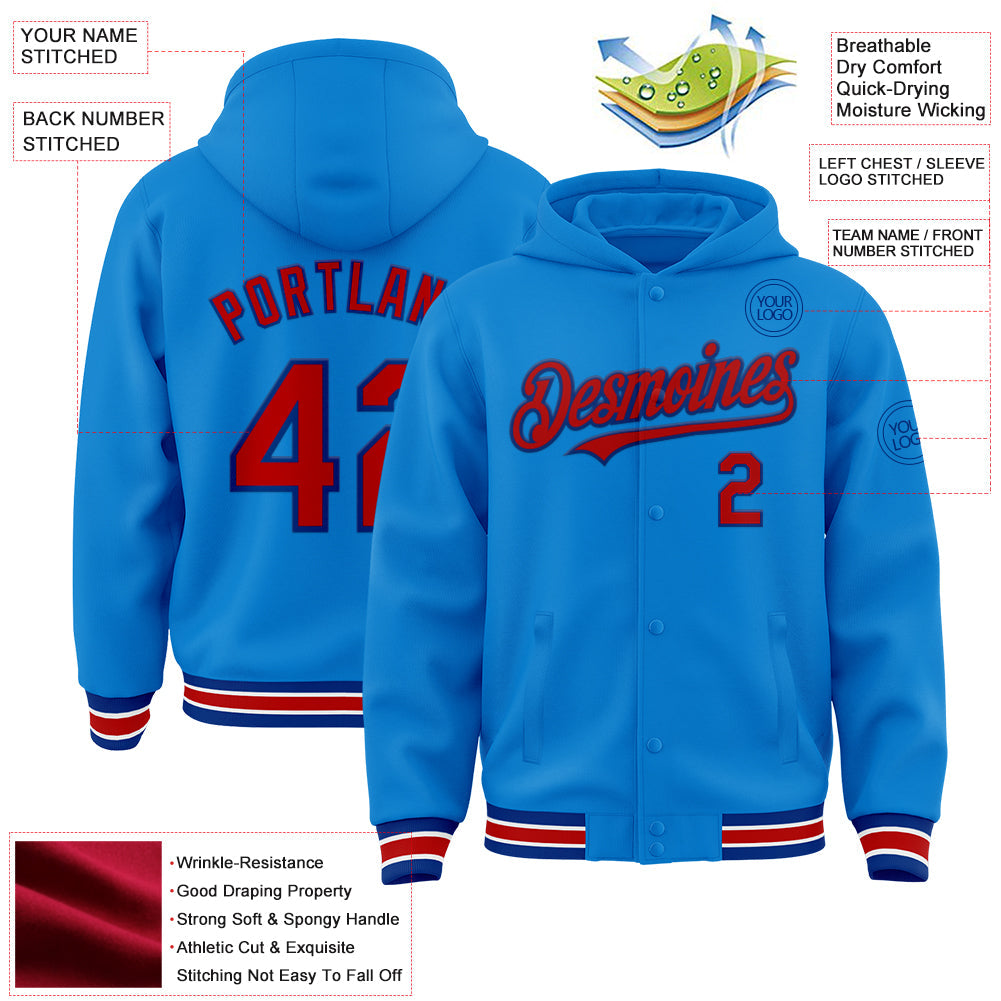 Custom Powder Blue Red-Royal Bomber Full-Snap Varsity Letterman Hoodie Jacket view 3