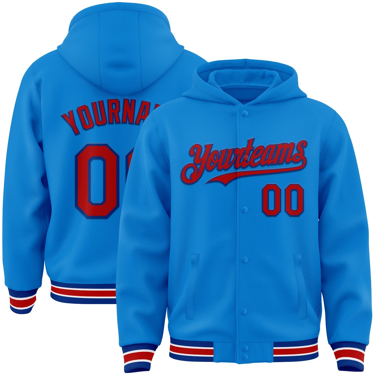 Custom Powder Blue Red-Royal Bomber Full-Snap Varsity Letterman Hoodie Jacket - Main View