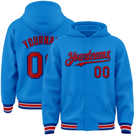 Custom Powder Blue Red-Royal Bomber Full-Snap Varsity Letterman Hoodie Jacket - Main View