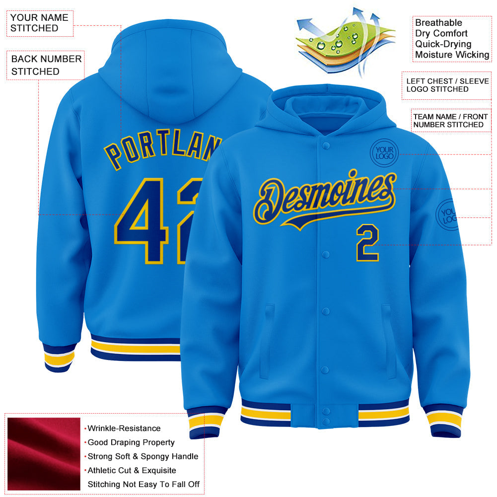 Custom Powder Blue Royal-Yellow Bomber Full-Snap Varsity Letterman Hoodie Jacket view 3