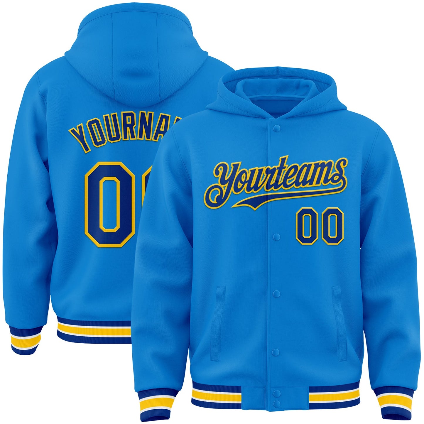 Custom Powder Blue Royal-Yellow Bomber Full-Snap Varsity Letterman Hoodie Jacket - Main View