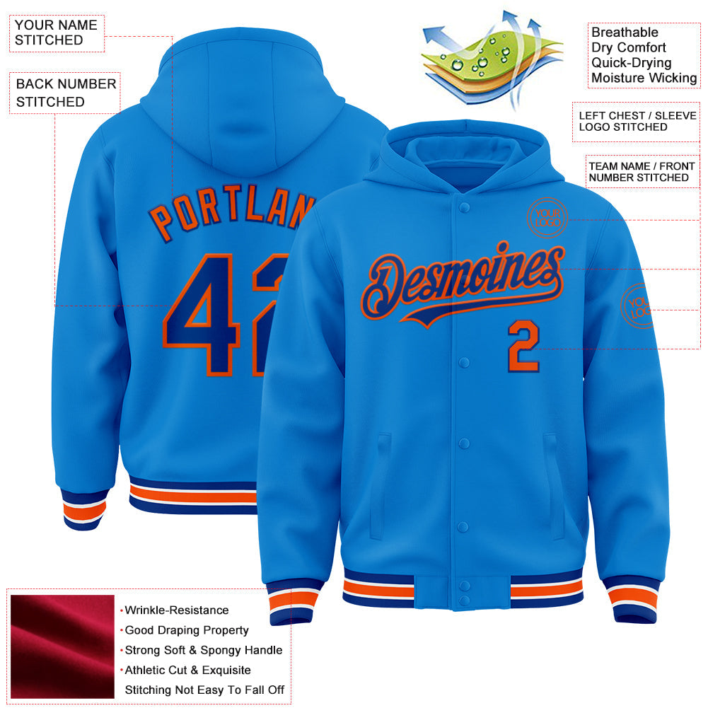 Custom Powder Blue Royal-Orange Bomber Full-Snap Varsity Letterman Hoodie Jacket view 3
