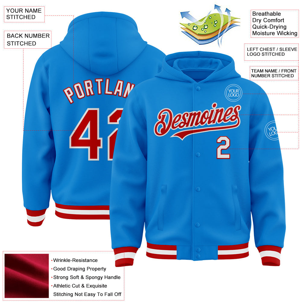 Custom Powder Blue Red-White Bomber Full-Snap Varsity Letterman Hoodie Jacket view 3