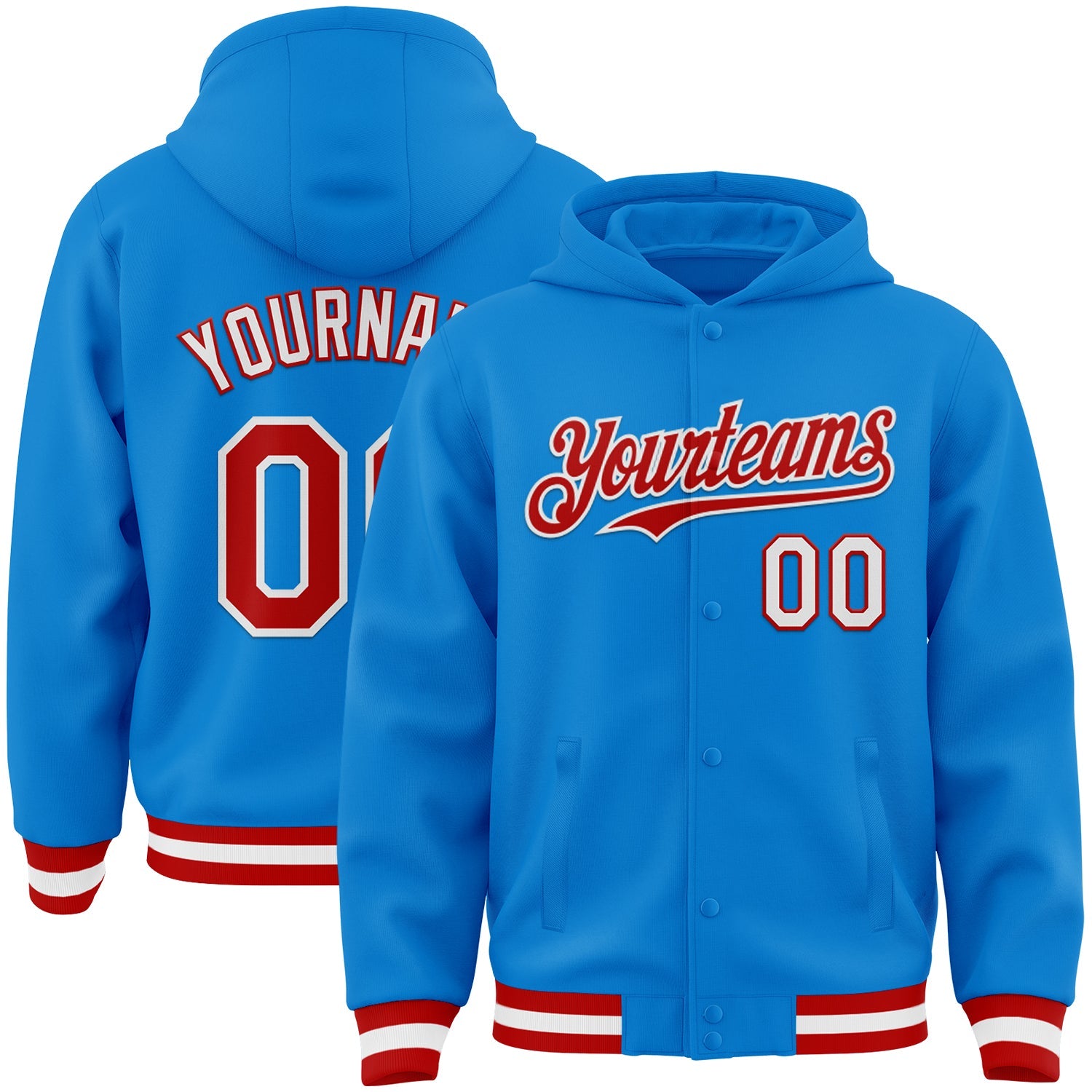 Custom Powder Blue Red-White Bomber Full-Snap Varsity Letterman Hoodie Jacket - Main View