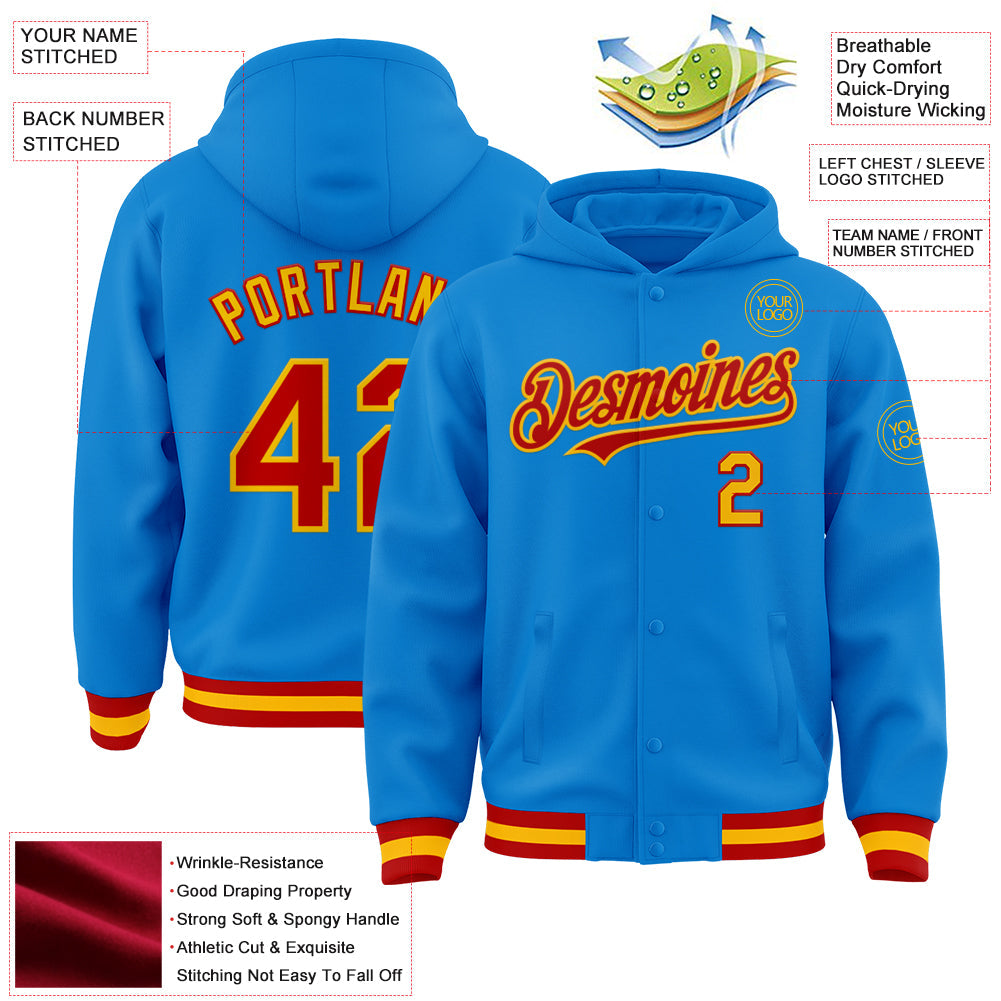 Custom Powder Blue Red-Gold Bomber Full-Snap Varsity Letterman Hoodie Jacket view 3