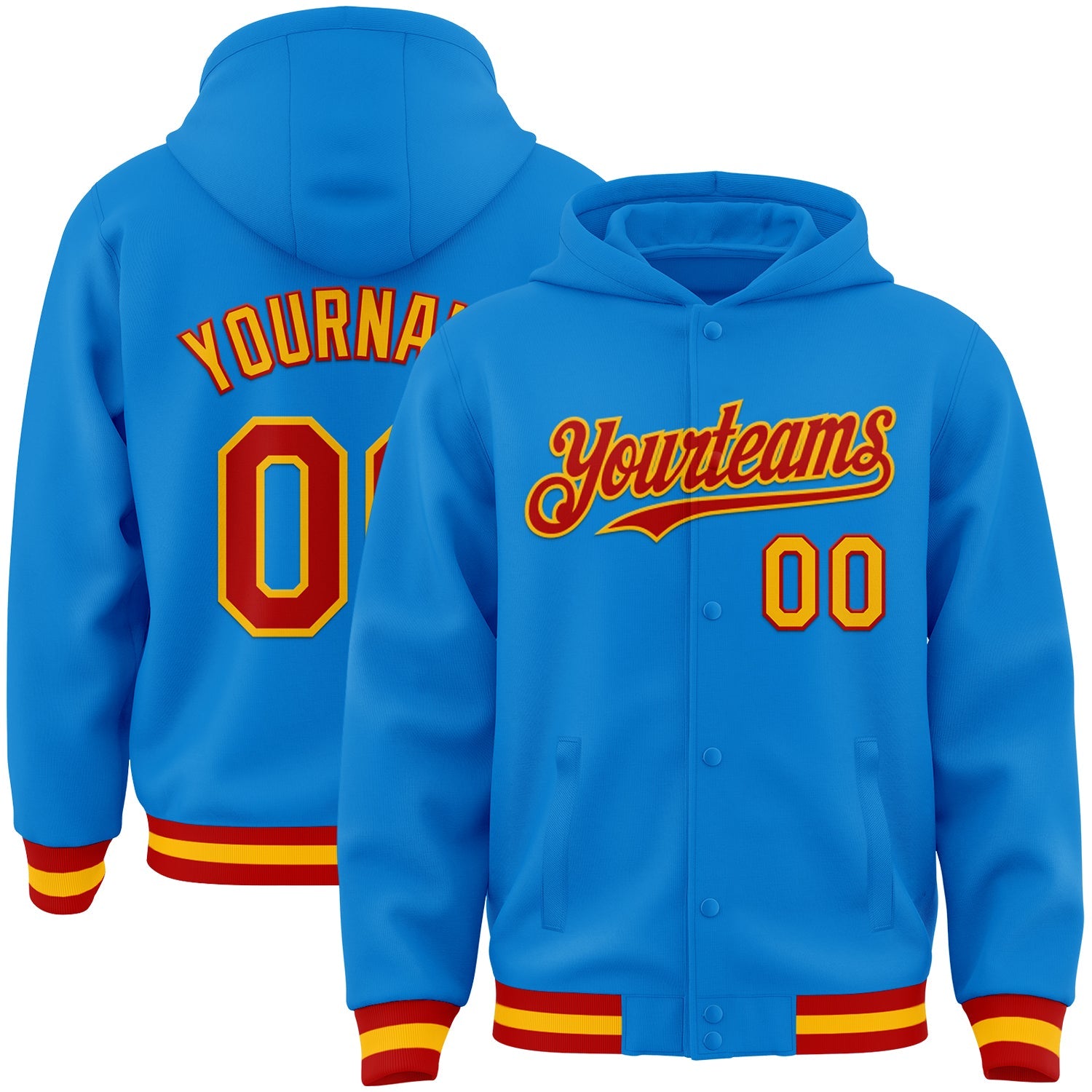 Custom Powder Blue Red-Gold Bomber Full-Snap Varsity Letterman Hoodie Jacket - Main View