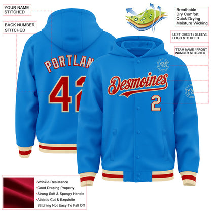 Custom Powder Blue Red-Cream Bomber Full-Snap Varsity Letterman Hoodie Jacket view 3