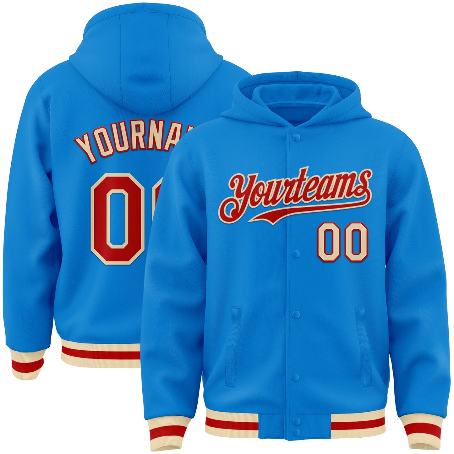 Custom Powder Blue Red-Cream Bomber Full-Snap Varsity Letterman Hoodie Jacket - Main View