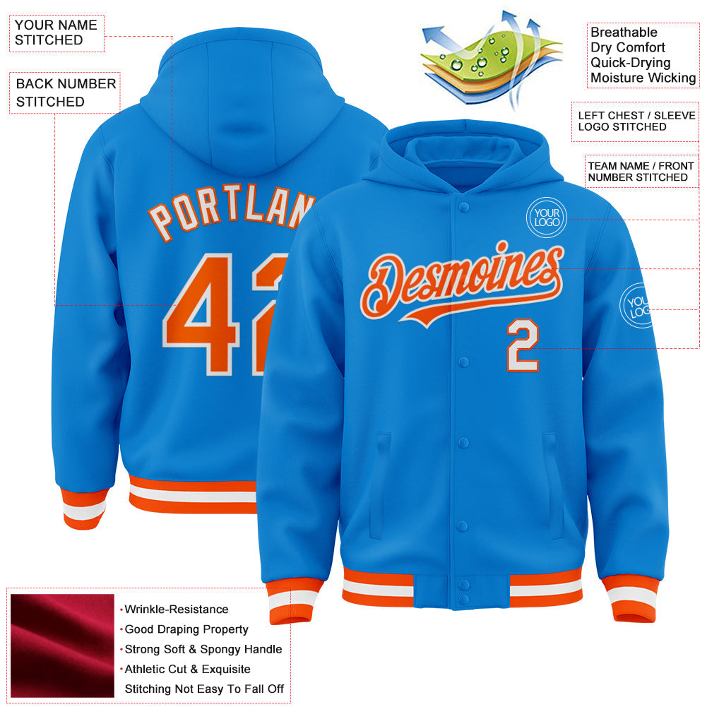 Custom Powder Blue Orange-White Bomber Full-Snap Varsity Letterman Hoodie Jacket view 3