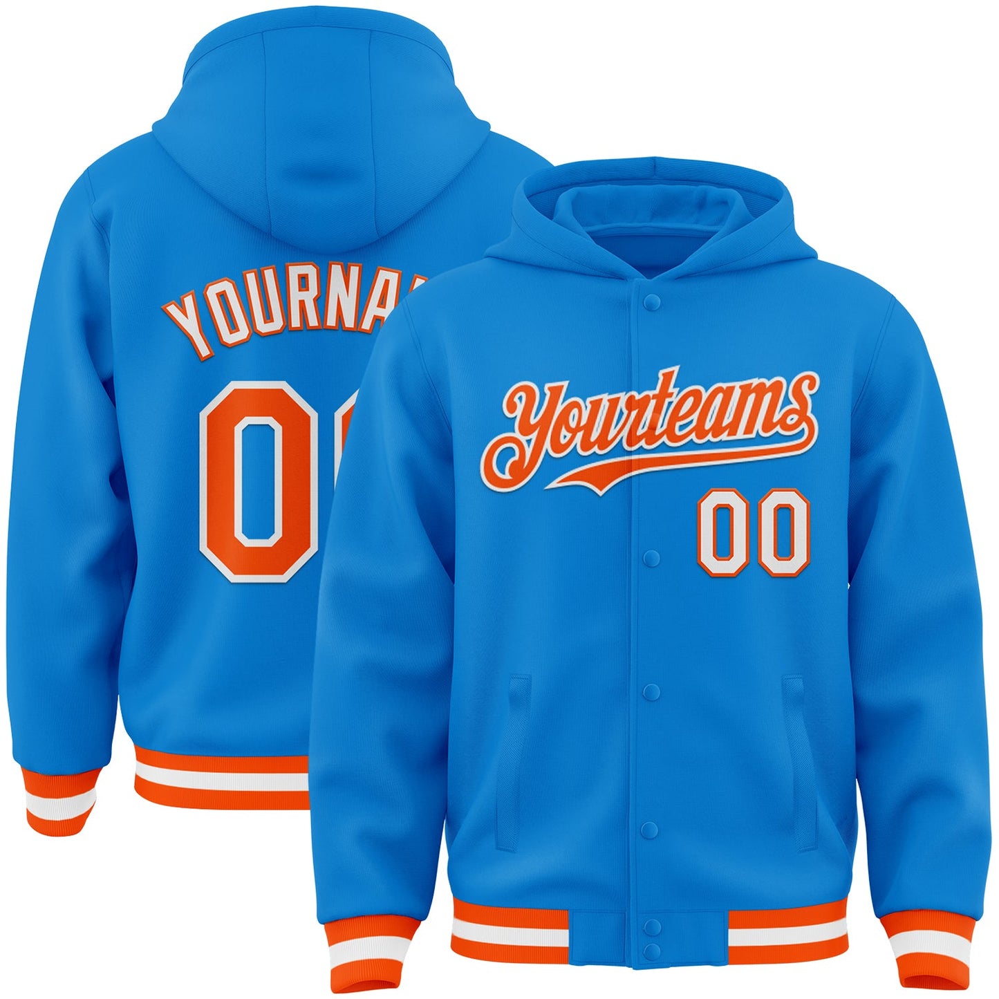 Custom Powder Blue Orange-White Bomber Full-Snap Varsity Letterman Hoodie Jacket - Main View