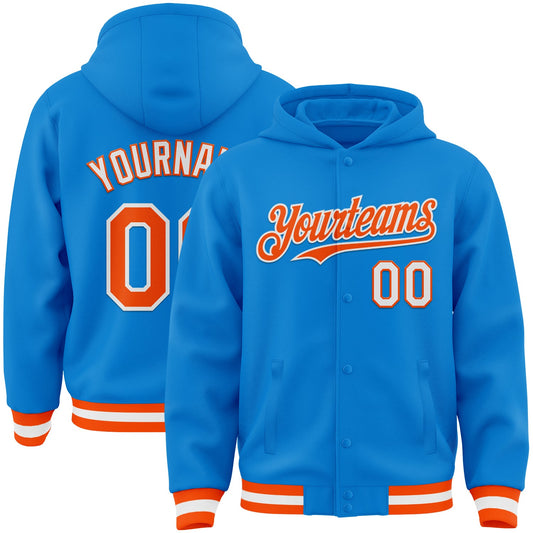 Custom Powder Blue Orange-White Bomber Full-Snap Varsity Letterman Hoodie Jacket - Main View