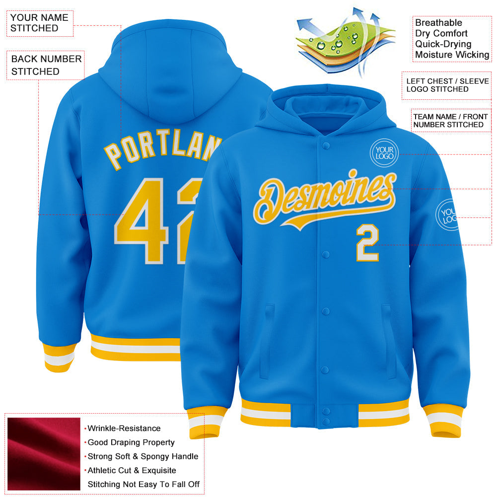 Custom Powder Blue Gold-White Bomber Full-Snap Varsity Letterman Hoodie Jacket view 3