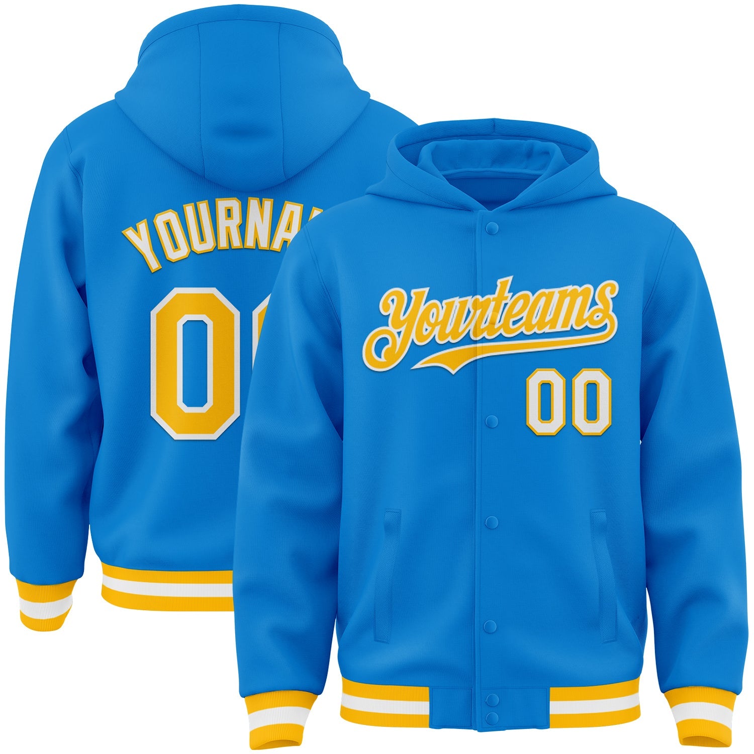 Custom Powder Blue Gold-White Bomber Full-Snap Varsity Letterman Hoodie Jacket - Main View