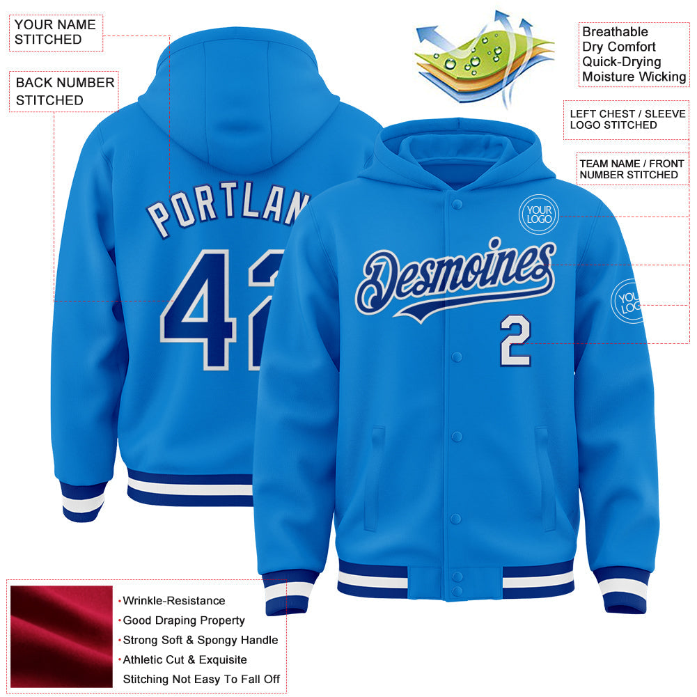 Custom Powder Blue Royal-White Bomber Full-Snap Varsity Letterman Hoodie Jacket view 3
