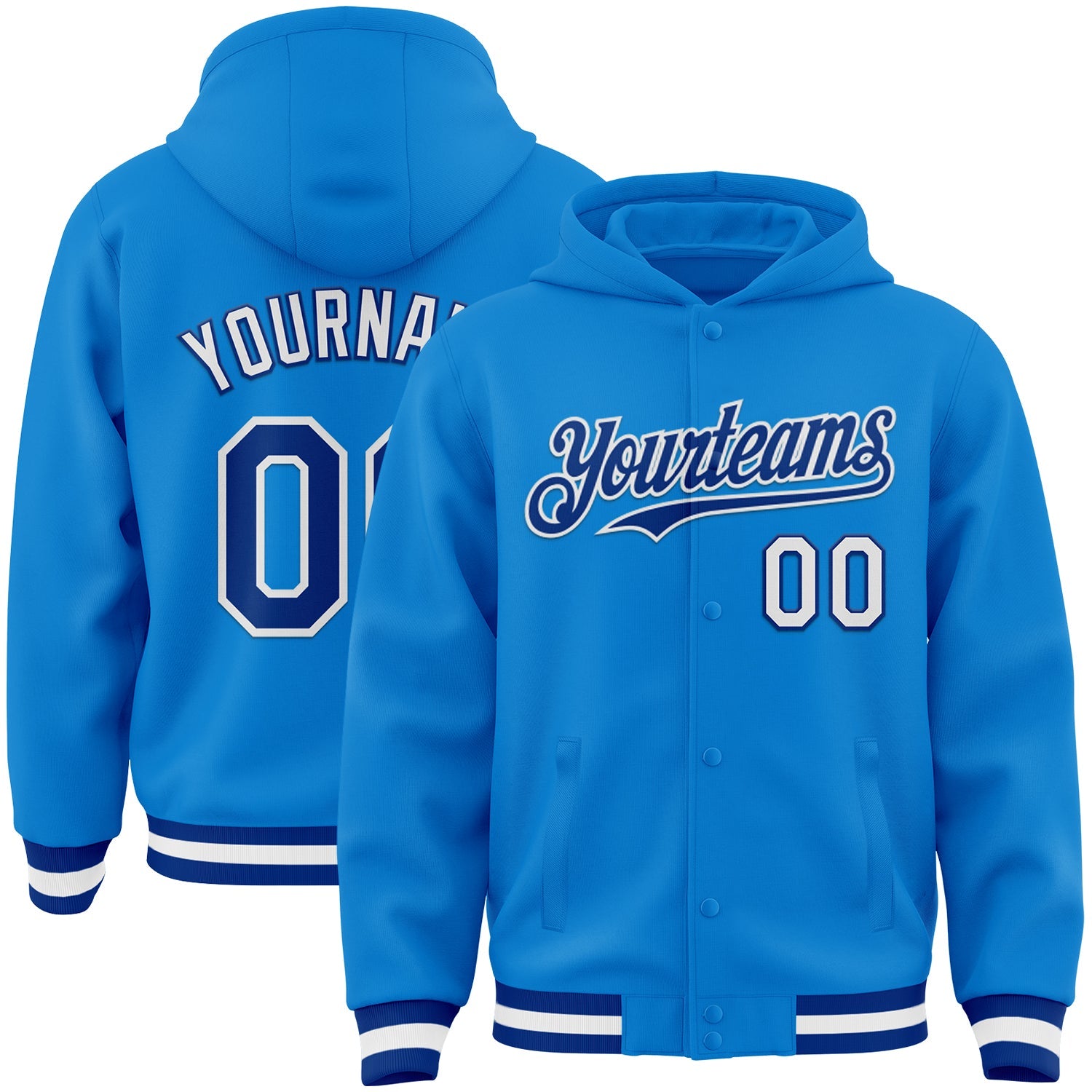 Custom Powder Blue Royal-White Bomber Full-Snap Varsity Letterman Hoodie Jacket - Main View