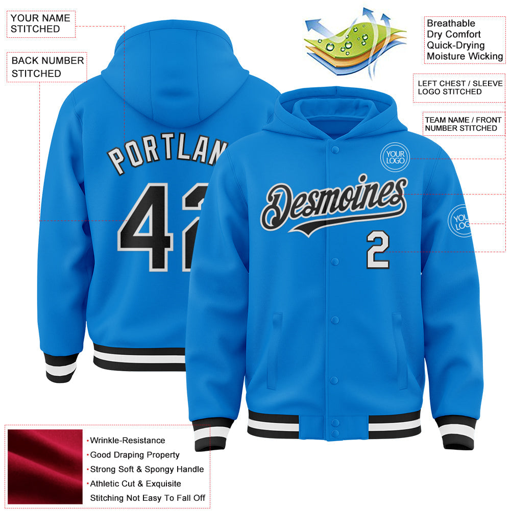 Custom Powder Blue Black-White Bomber Full-Snap Varsity Letterman Hoodie Jacket view 3