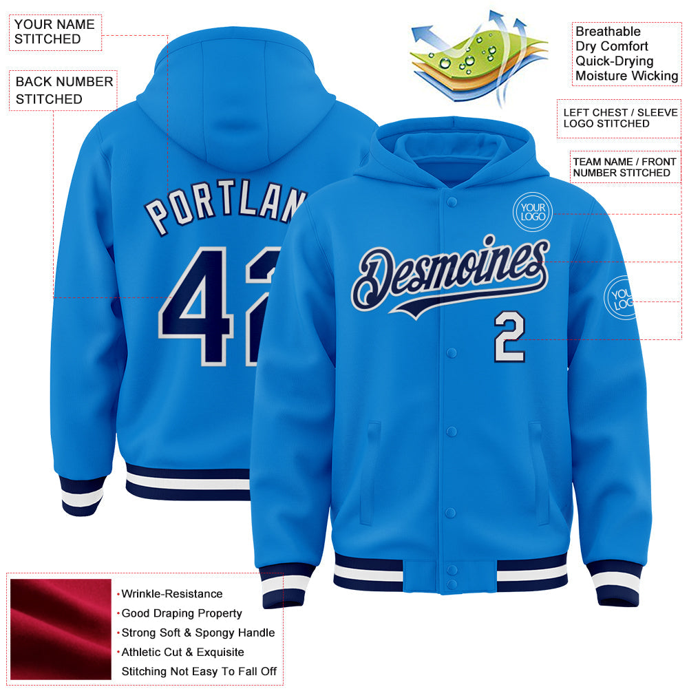 Custom Powder Blue Navy-White Bomber Full-Snap Varsity Letterman Hoodie Jacket view 3