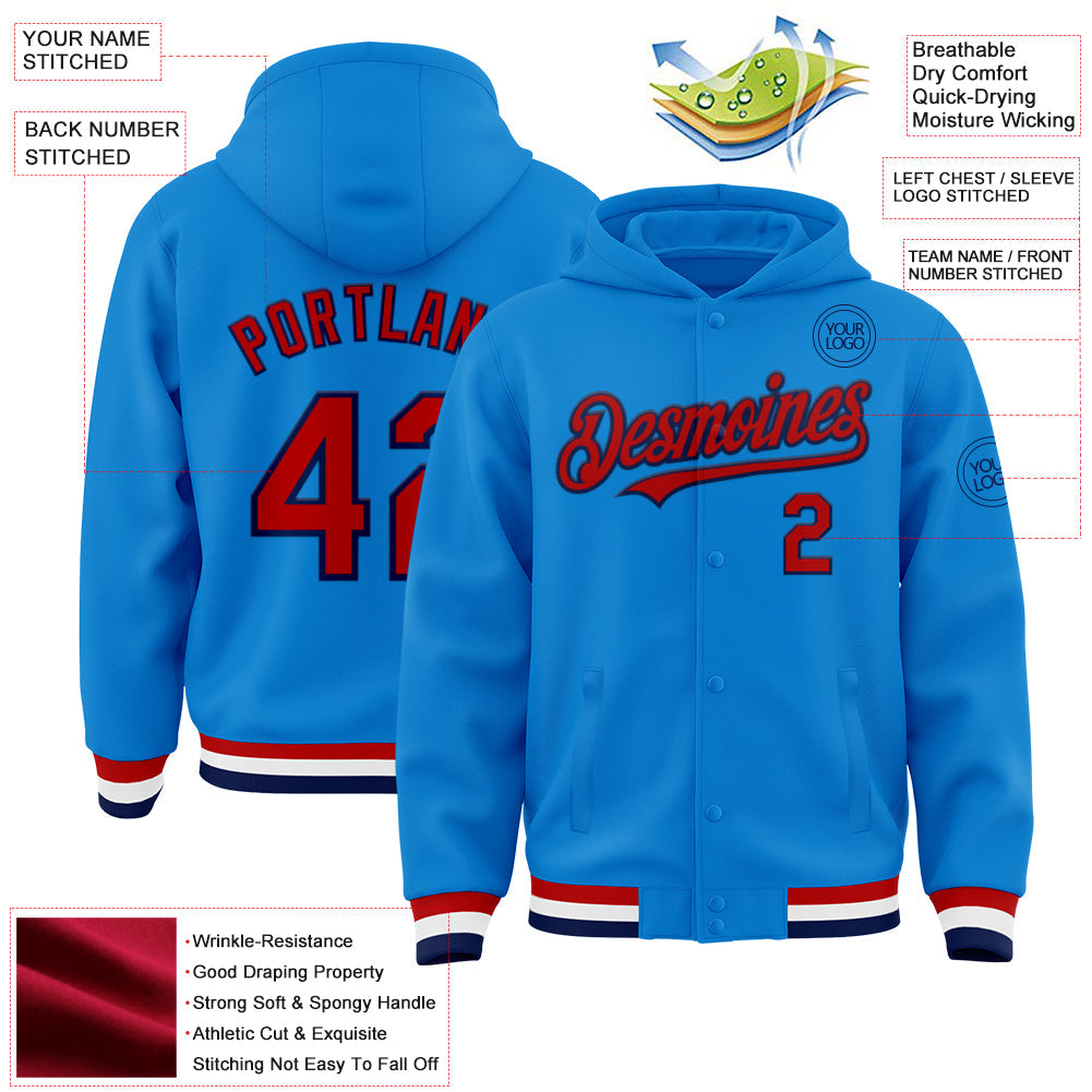 Custom Powder Blue Red-Navy Bomber Full-Snap Varsity Letterman Hoodie Jacket view 3