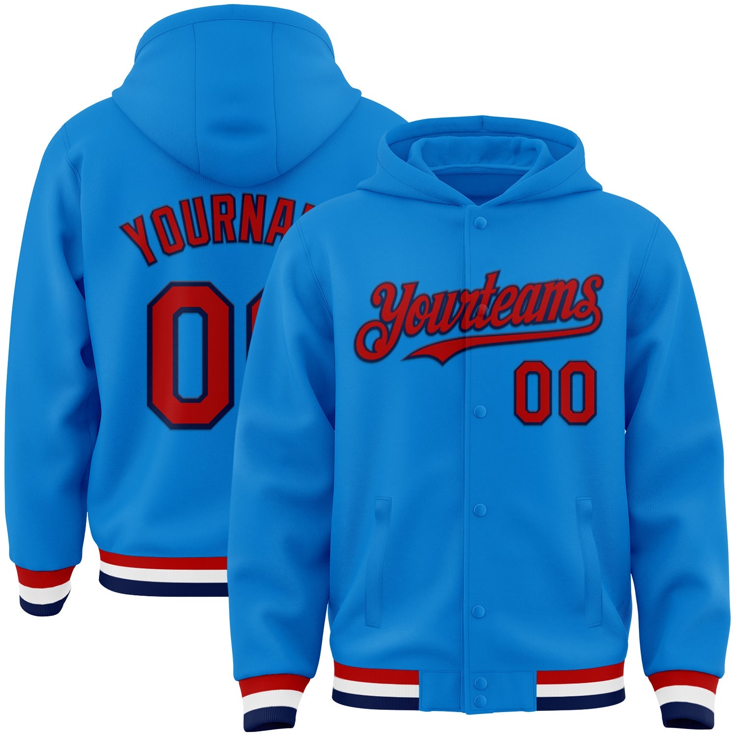 Custom Powder Blue Red-Navy Bomber Full-Snap Varsity Letterman Hoodie Jacket - Main View