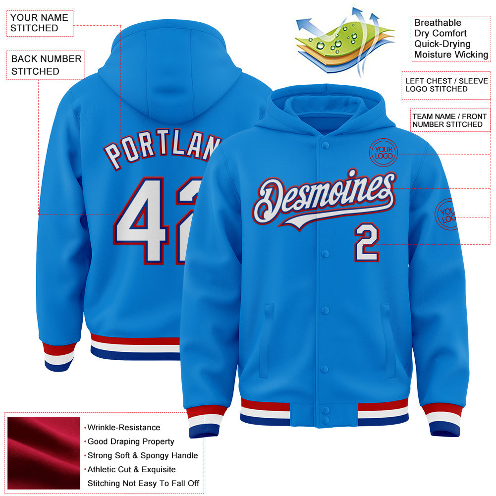 Custom Powder Blue Royal-Red Bomber Full-Snap Varsity Letterman Hoodie Jacket view 3