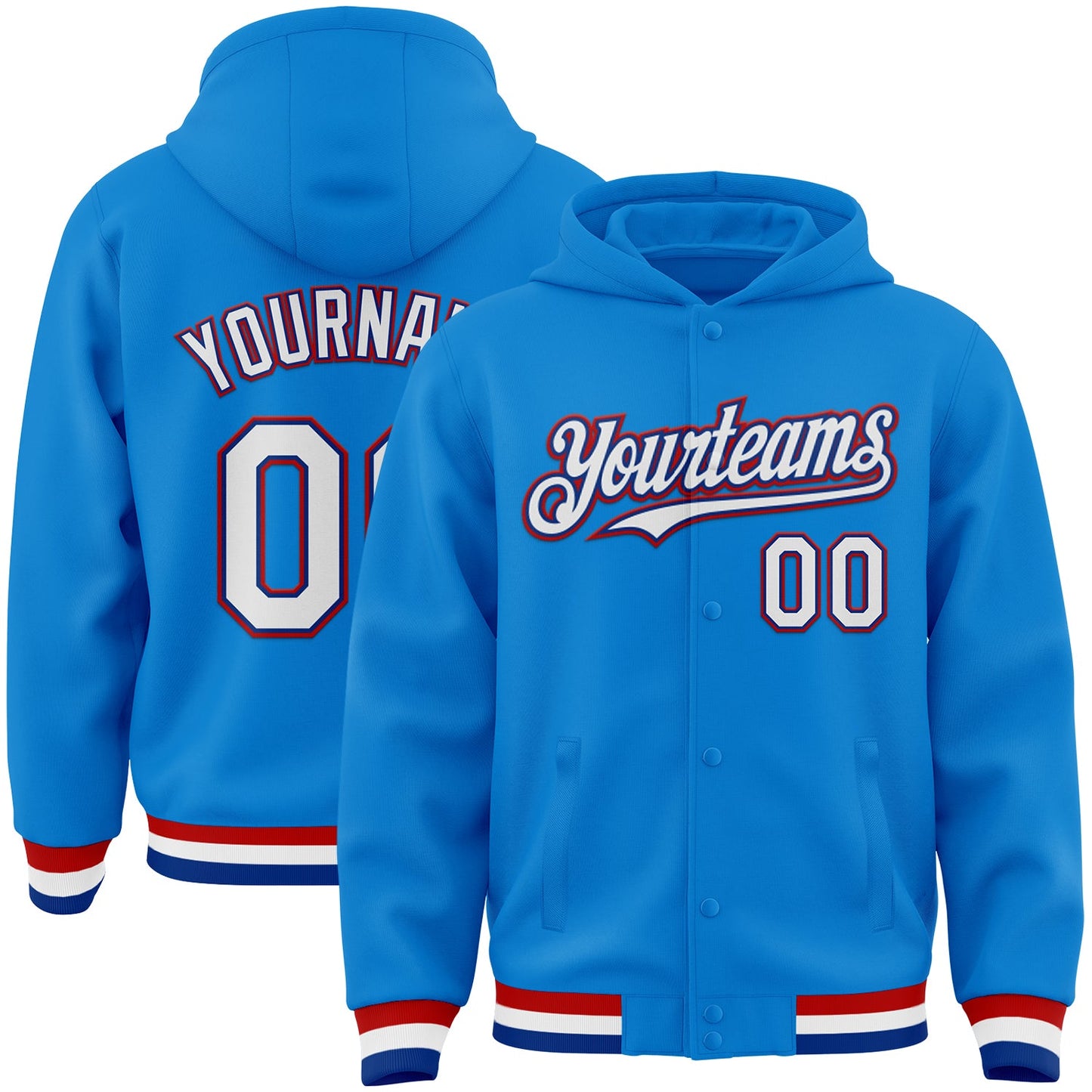 Custom Powder Blue Royal-Red Bomber Full-Snap Varsity Letterman Hoodie Jacket - Main View