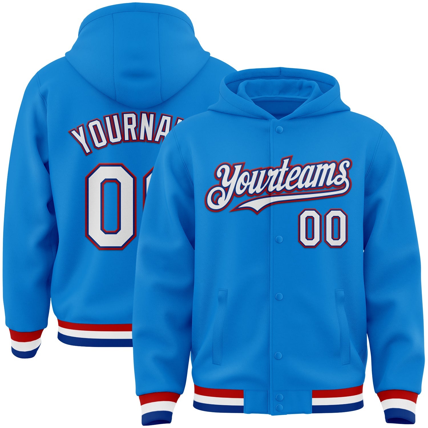 Custom Powder Blue Royal-Red Bomber Full-Snap Varsity Letterman Hoodie Jacket - Main View