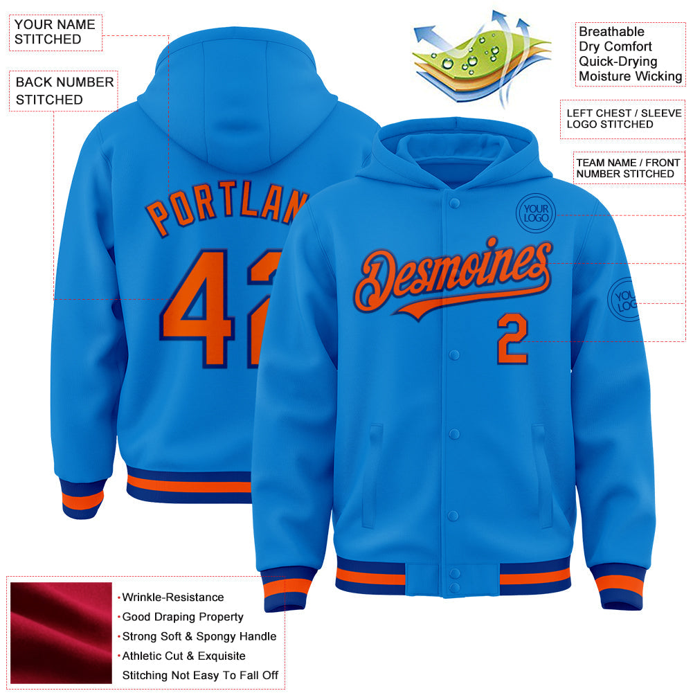 Custom Powder Blue Orange-Royal Bomber Full-Snap Varsity Letterman Hoodie Jacket view 3