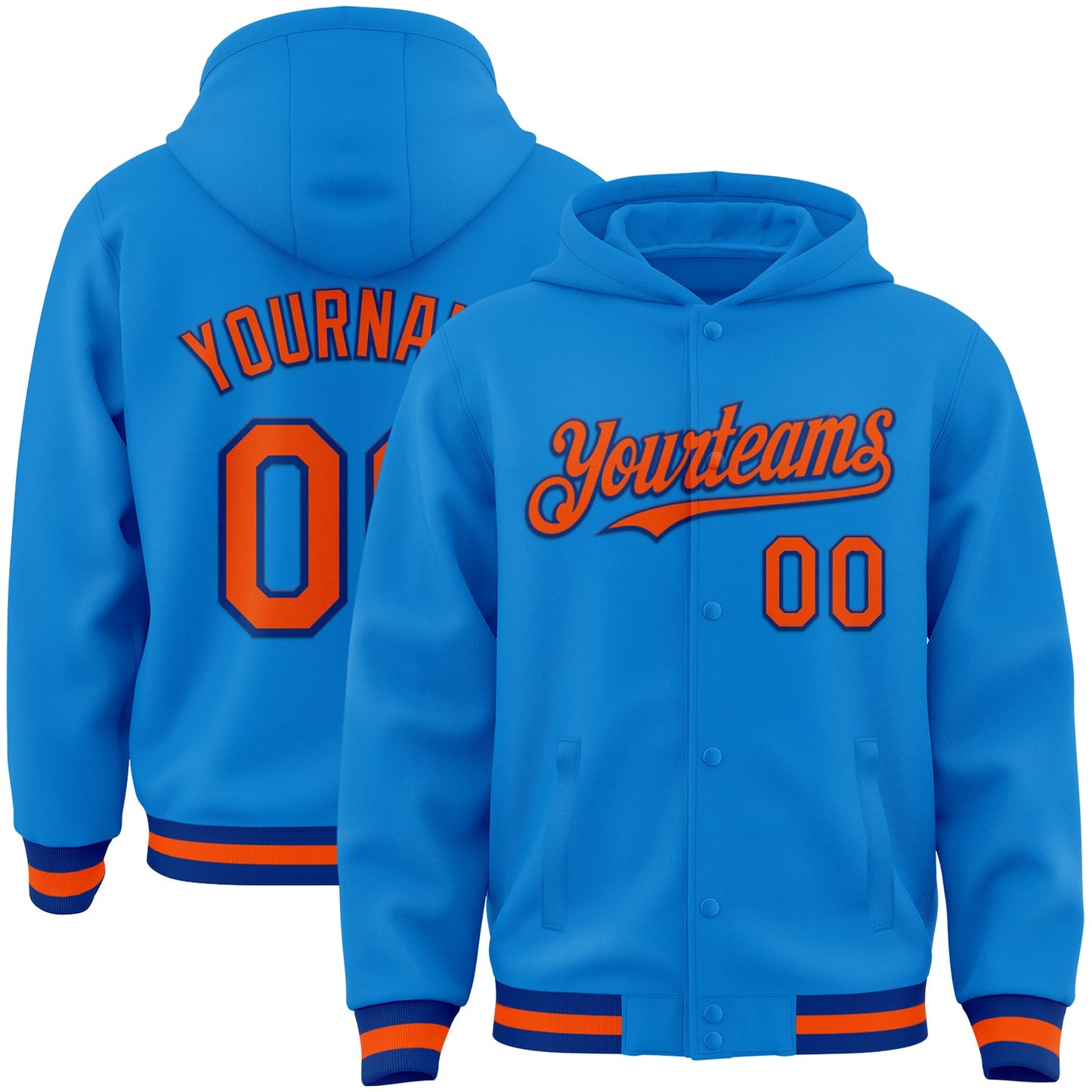 Custom Powder Blue Orange-Royal Bomber Full-Snap Varsity Letterman Hoodie Jacket - Main View