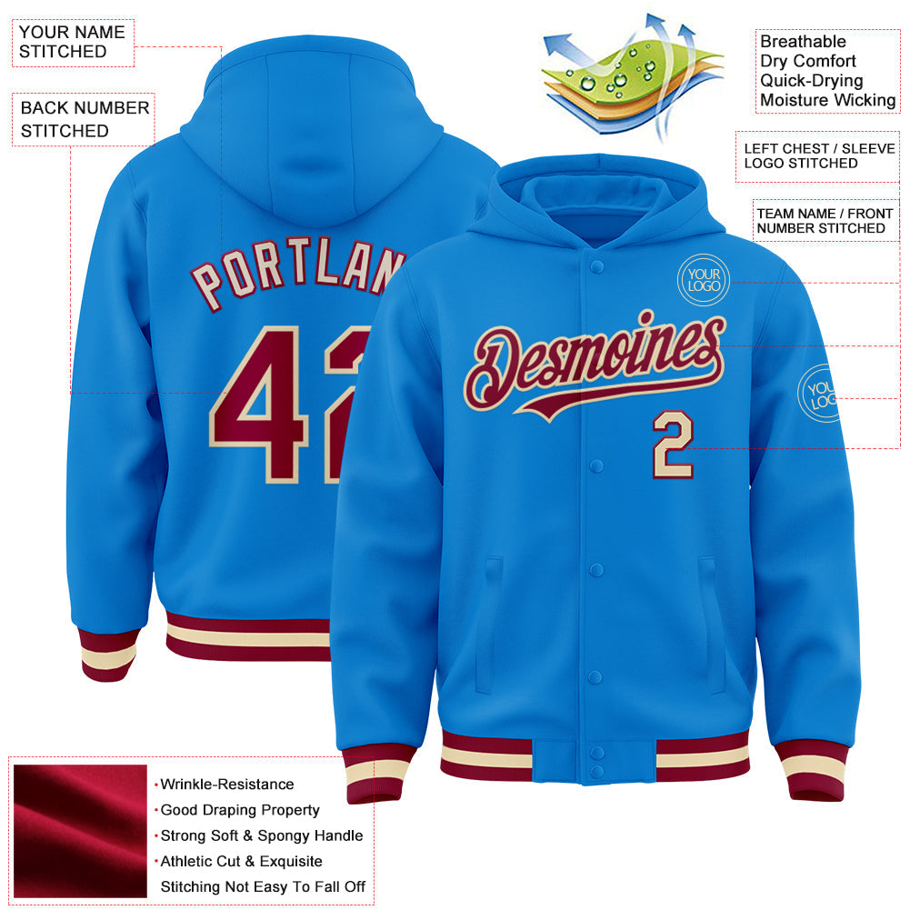 Custom Powder Blue Maroon-Cream Bomber Full-Snap Varsity Letterman Hoodie Jacket view 3