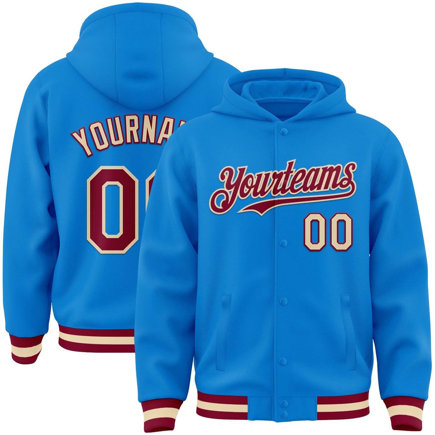 Custom Powder Blue Maroon-Cream Bomber Full-Snap Varsity Letterman Hoodie Jacket - Main View