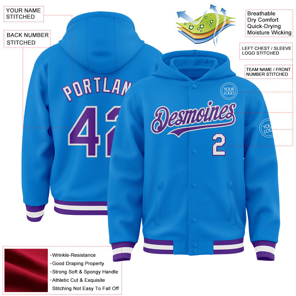 Custom Powder Blue Purple-White Bomber Full-Snap Varsity Letterman Hoodie Jacket view 3