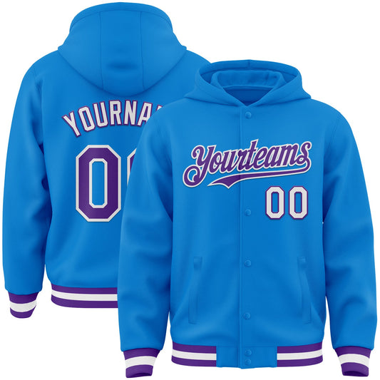 Custom Powder Blue Purple-White Bomber Full-Snap Varsity Letterman Hoodie Jacket - Main View
