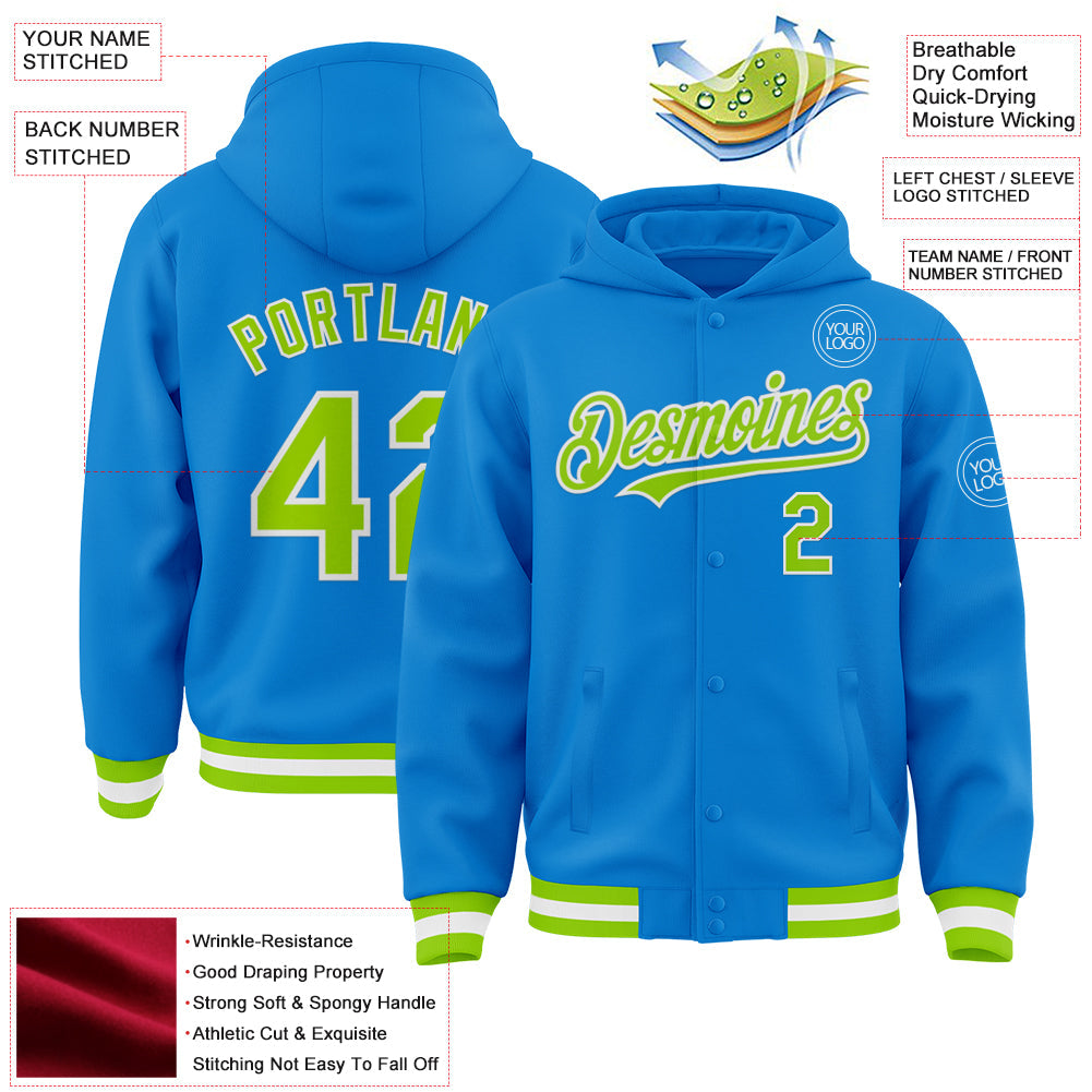 Custom Powder Blue Neon Green-White Bomber Full-Snap Varsity Letterman Hoodie Jacket view 3