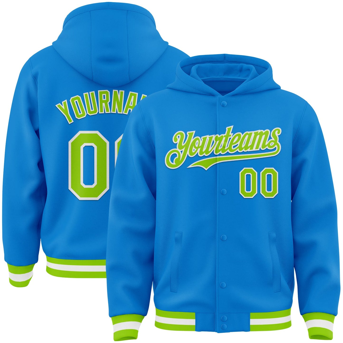 Custom Powder Blue Neon Green-White Bomber Full-Snap Varsity Letterman Hoodie Jacket - Main View